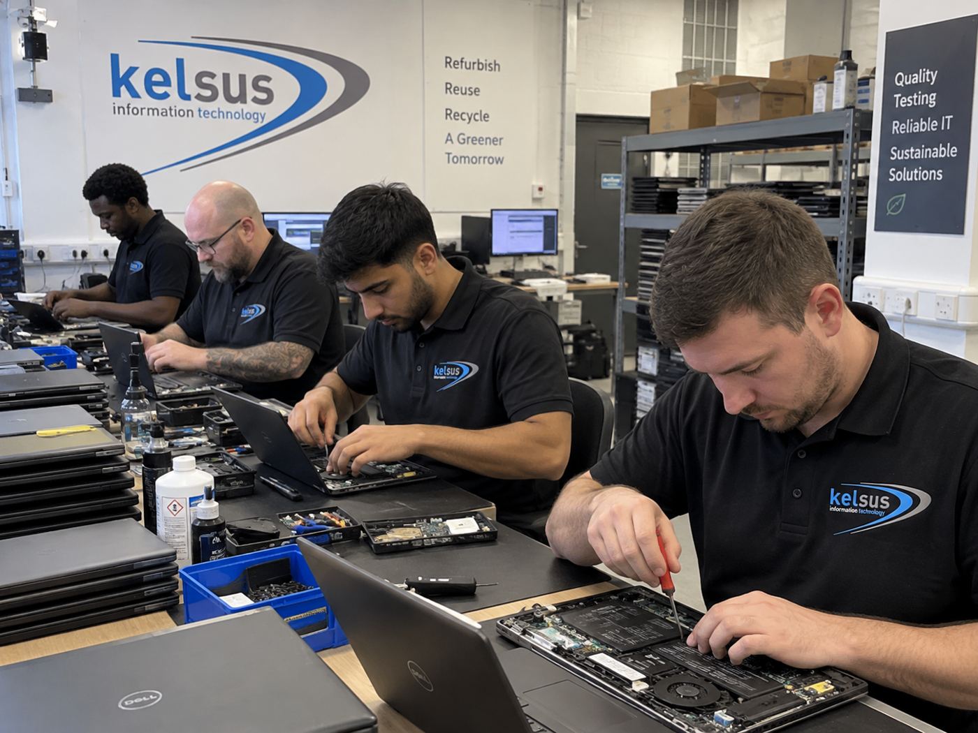 Kelsus IT engineers in uniform refurbishing laptops at the bench in Hackbridge